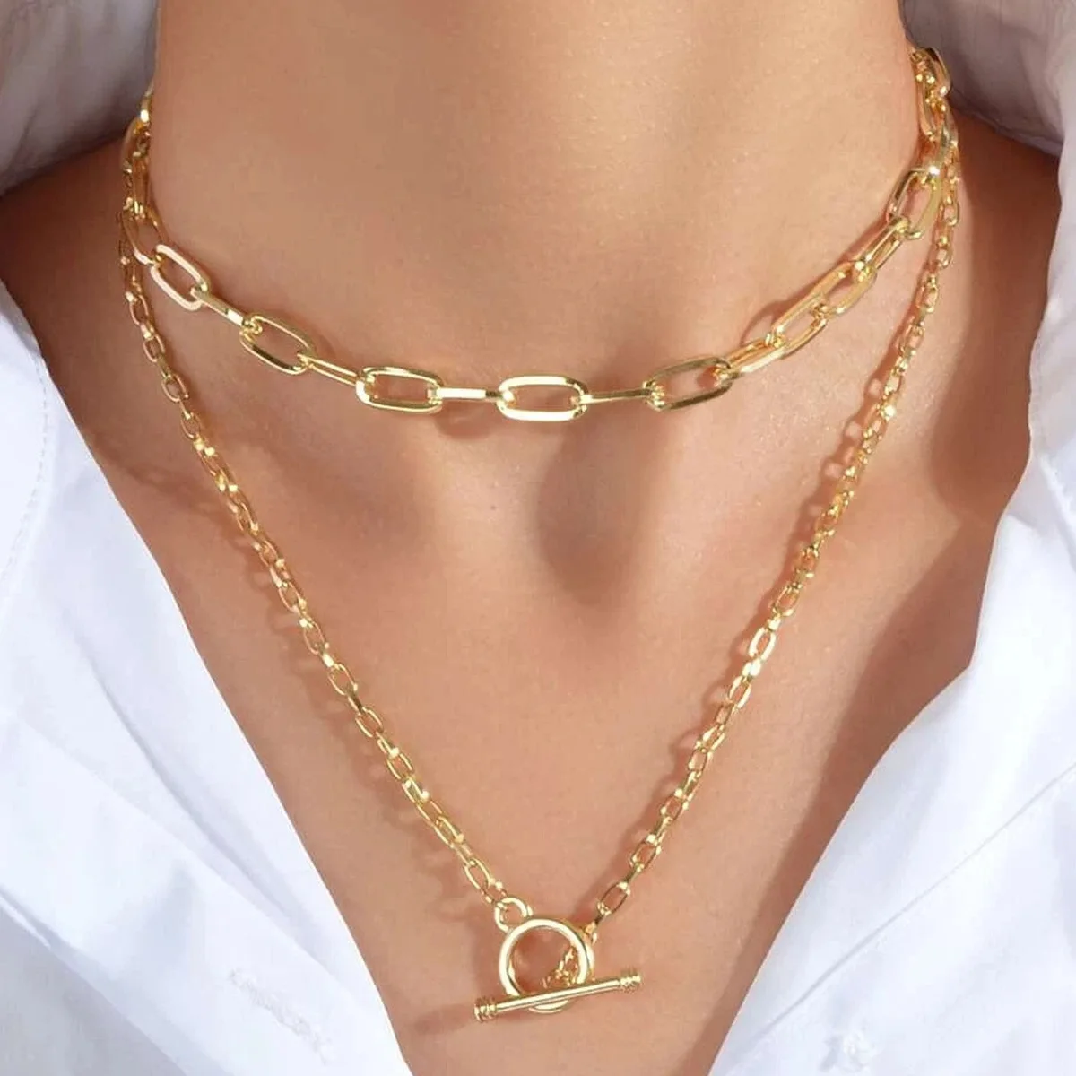 

Hip Pop T Bar Toggle Clasp Circle Oval Link Chain Choker Jewelry Women Punk Stainless Steel Necklace