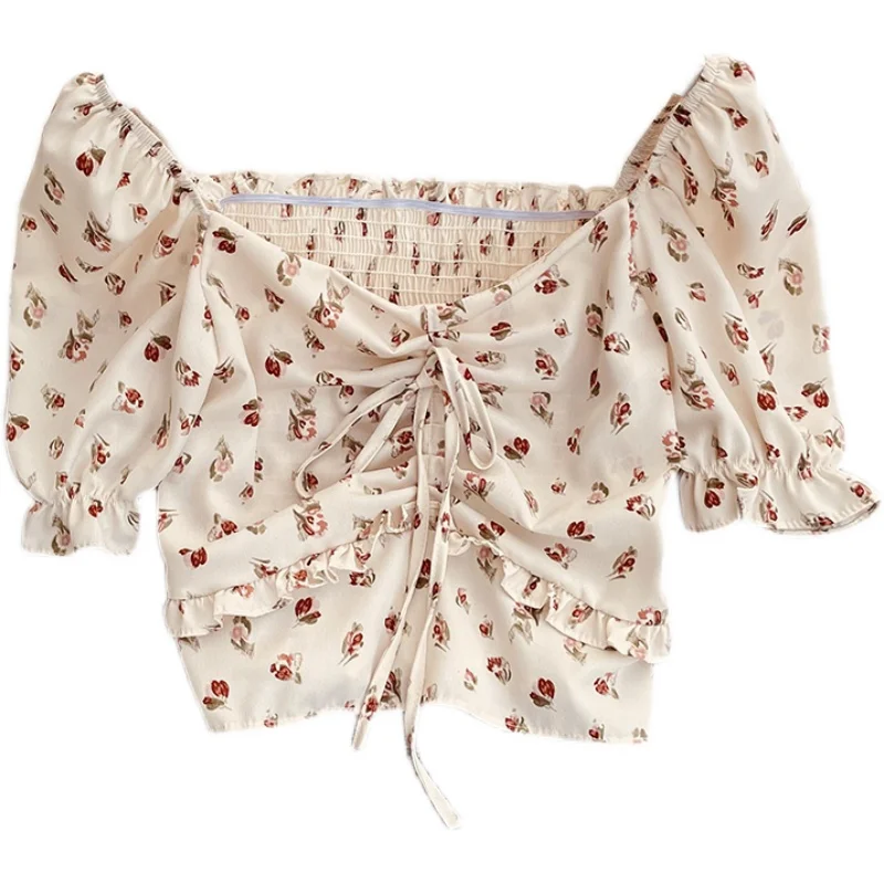 

New Summer Fashion All-match V-neck puff sleeve drawstring ruched lace up Shirt Top Sexy Women Tops Floral Print Elegant Shirts