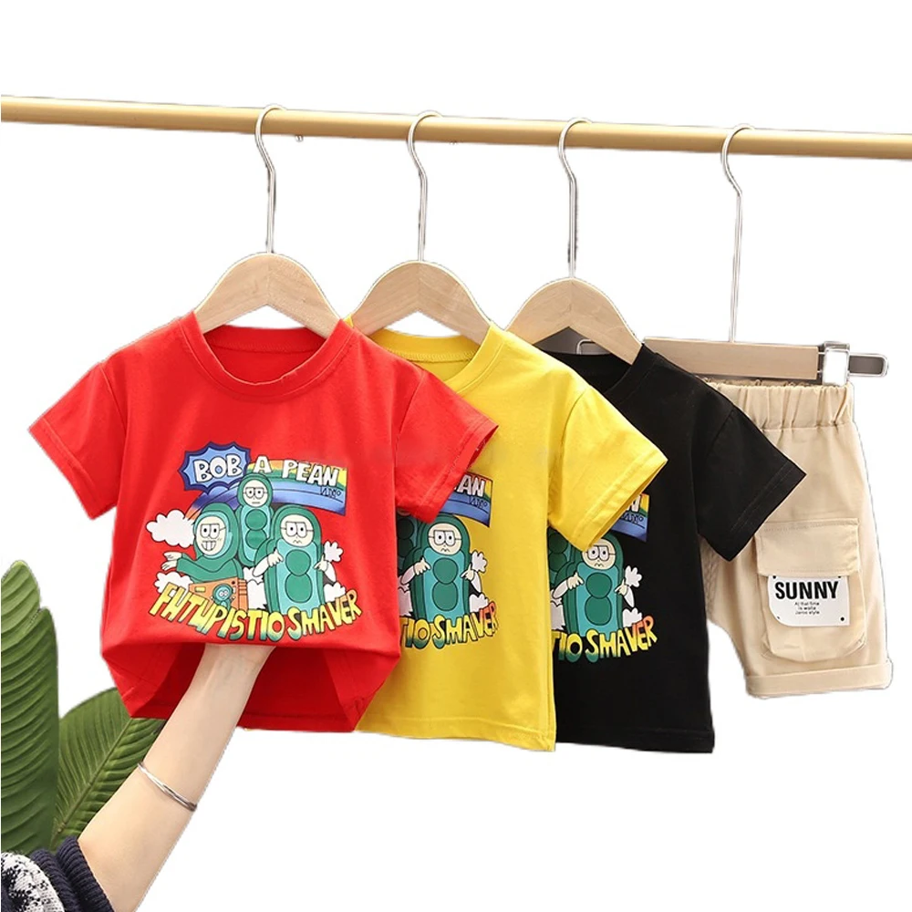 

2021 new casual boy 2-piece sets short-sleeved cartoon printed T-shirt + children's shorts summer boy suit, Yellow,black,red