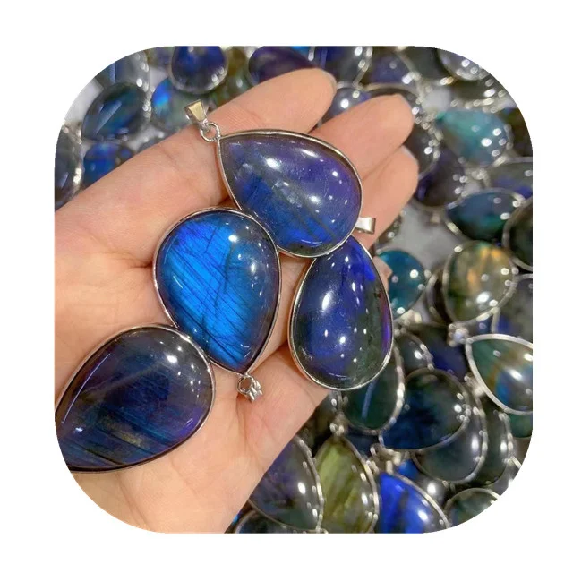 

spiritual products 36mm fashion jewelry natural water drop shaped blue flash sheen labradorite crystal pendants for making gift