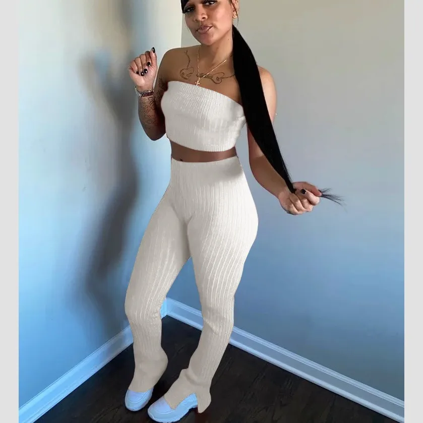 

Sexy Two Piece Set Joggers Women Tracksuit Crop Top And Split Flare Pants Suit 2 Pieces Club Outfits Matching Sets C13095
