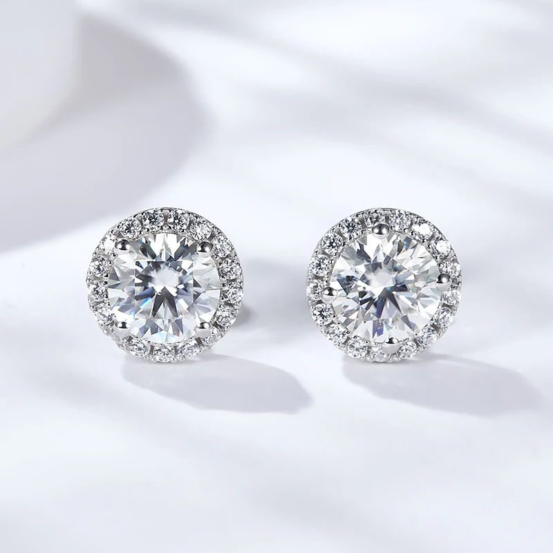 Starsgem Halo Earring 0.5ct 1Ct D Vvs Round Brilliant Cut Moissanite Gemstone Sterling Silver Diamond Studs Earrings