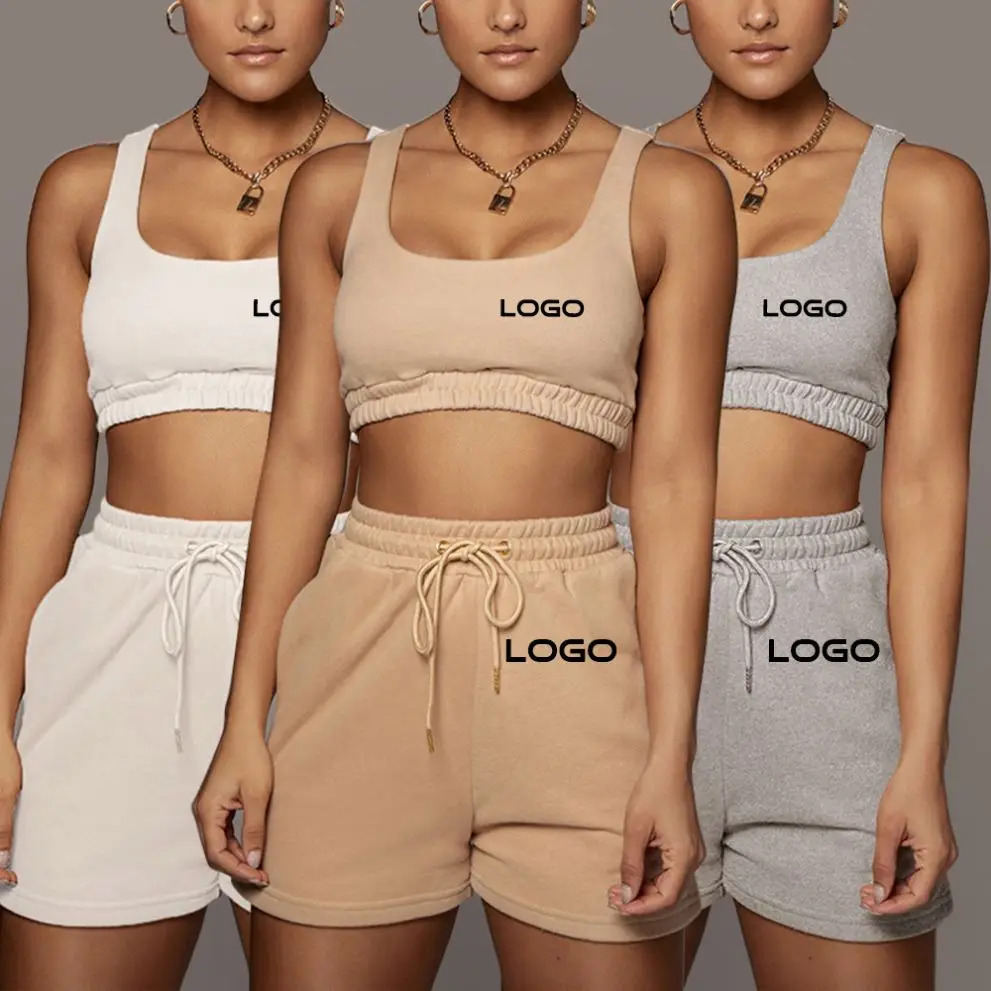 

Custom LOGO Women's cropped navel vest lace up shorts suit cotton beige two piece pants set for casual crop top joggers