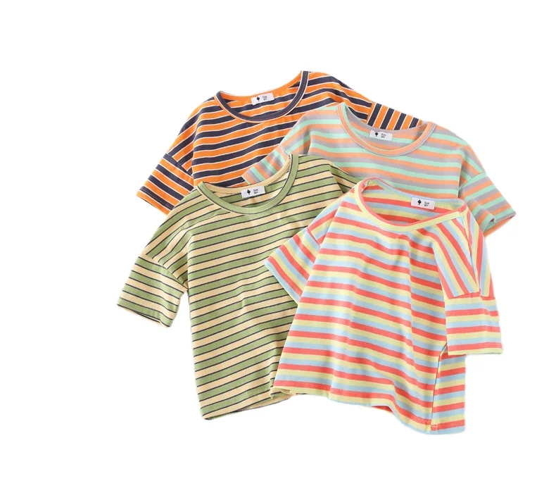 

kids girls and boys striped shirts children shorts sleeves, As picture