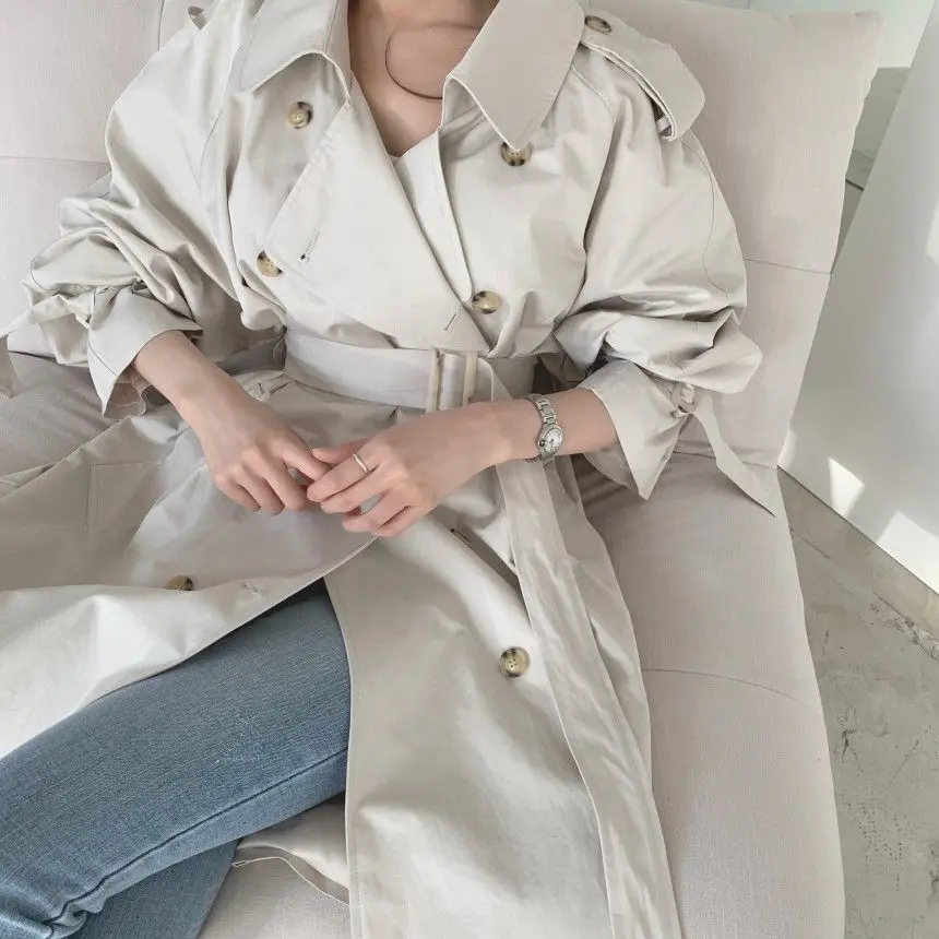 

OT167 2022 British Double Breasted Oversized Long Trench Coat Women Windbreaker Female Turn-down Collar Long Overcoats Spring