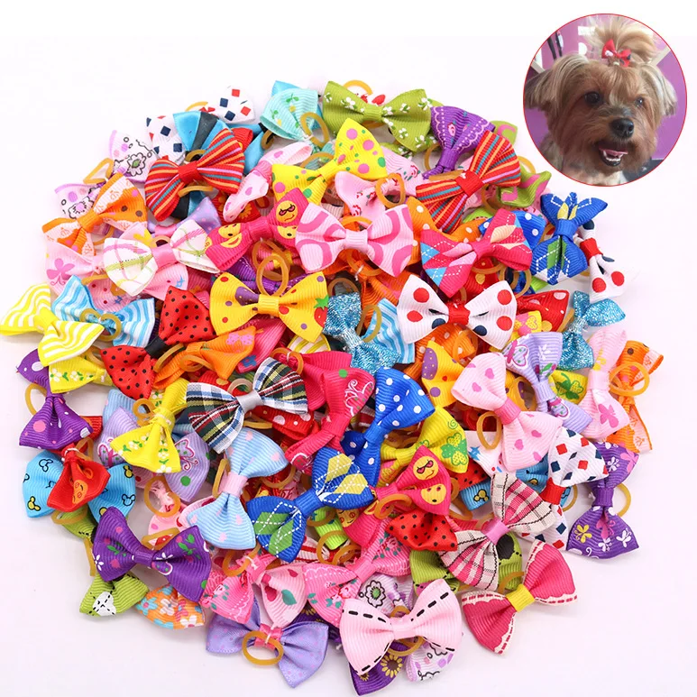 

Amazon Hot Sale Candy Colors Cute Puppy Dog Small Bowknot Hair Bows with Rubber Bands Hair Accessories Bow Pet Grooming Products, Mixed colors