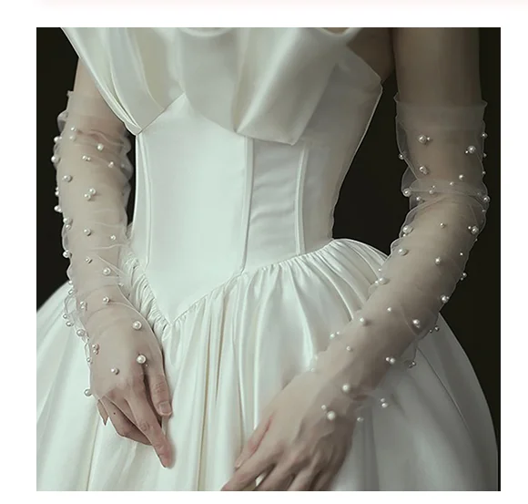 

QY Gorgeous Fingerless Bridal Gloves Tulle Wedding Gloves Sparkly Pearls Beads Long Women Wedding Gloves, Customized