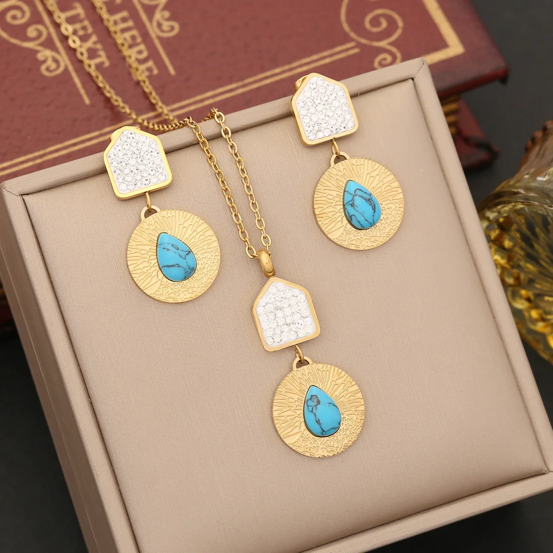 New Hypoallergenic Non Tarnish 18k Gold Plated Stainless Steel Zircon Necklace Earrings Jewelry Set For Woman