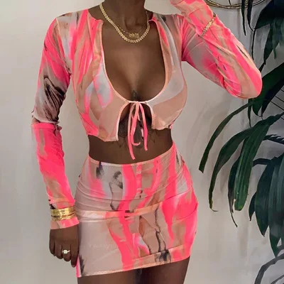 

2021 summer sexy mesh dress see tie dye Women Fashion Print Two Piece Skrit Set