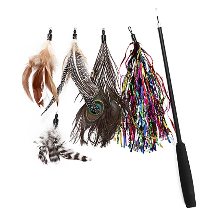 

Hot Peacock Feather Interactive Cat Fishing Rod Teaser Replacement Wand Toy Set, Picture showed