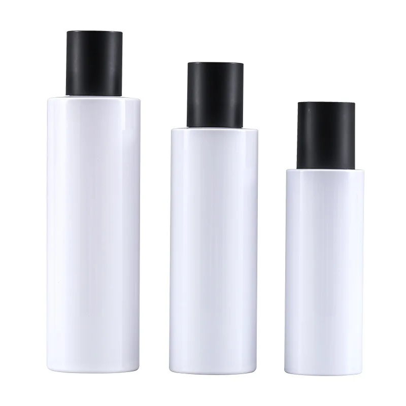 

Matte black cover white flat shoulder toner face lotion package easy open can 100 ml plastic hair oil bottle