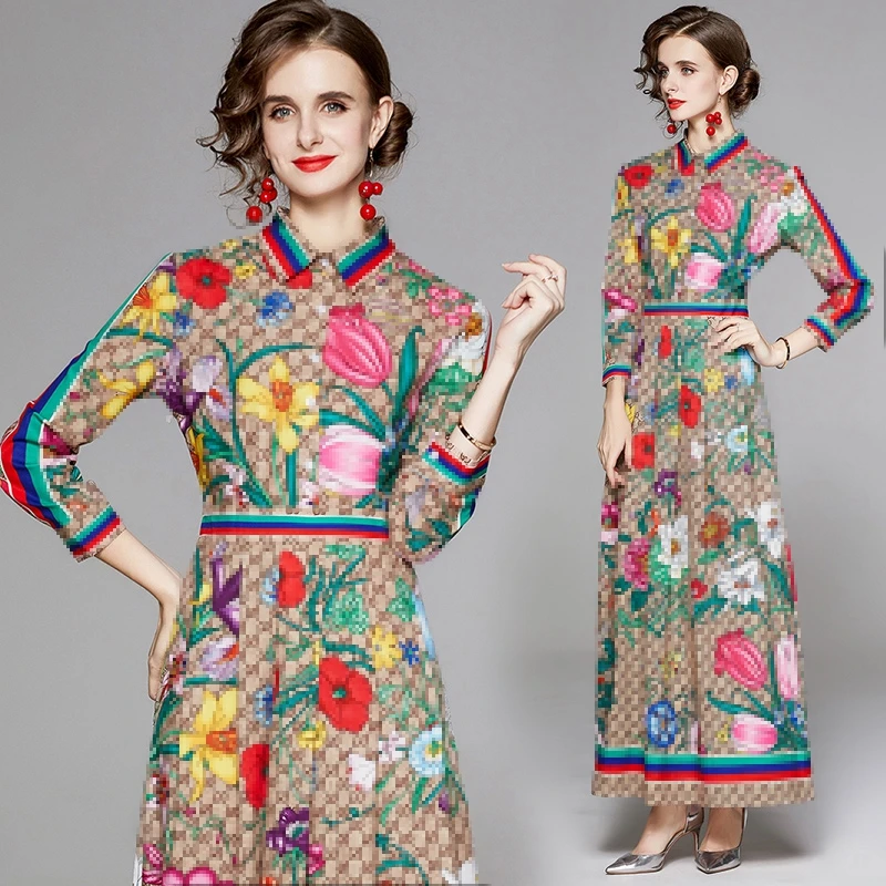 

Spot western style fashion slim pink printed turn down collar long sleeve ankle length 2022 casual polo dresses for women, Picture color