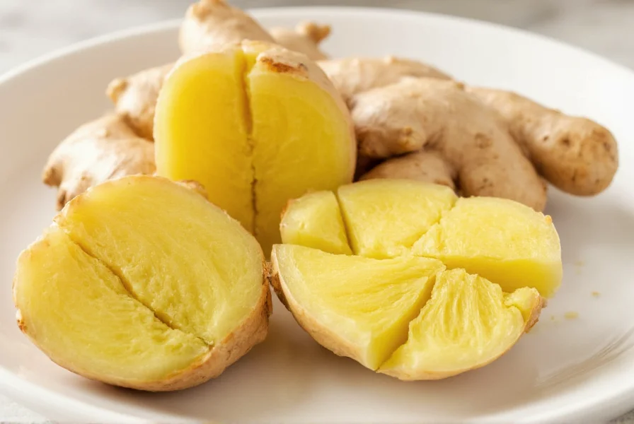 Fresh ginger root sliced for tea preparation showing fibrous interior