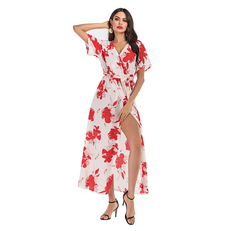 

High Quality Fashion Summer Sexy Short Sleeve Bohemia Beach Long Dress Women Casual Maxi Chiffon Floral Dresses