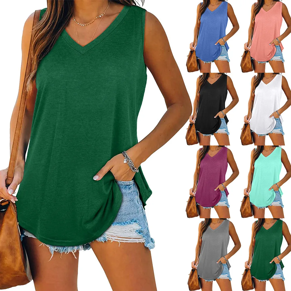 

Fengway 2022 new hot sale t shirts for women solid color sleeveless casual V neck cotton bd safe-clip, 9 colors