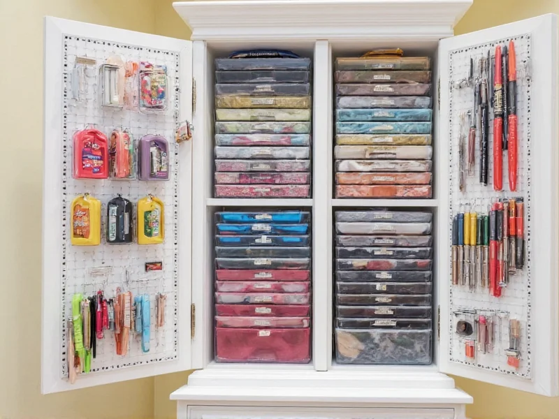 Organized craft cabinet with labeled bins and pegboard