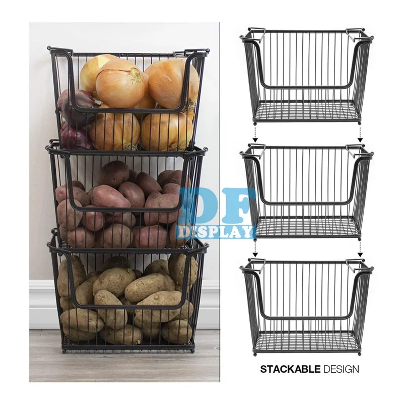 

HS045 Wire Metal Basket Bin, Stackable Storage Baskets Food, Kitchen, Home, Pantry Snack, (6-Pack), Black