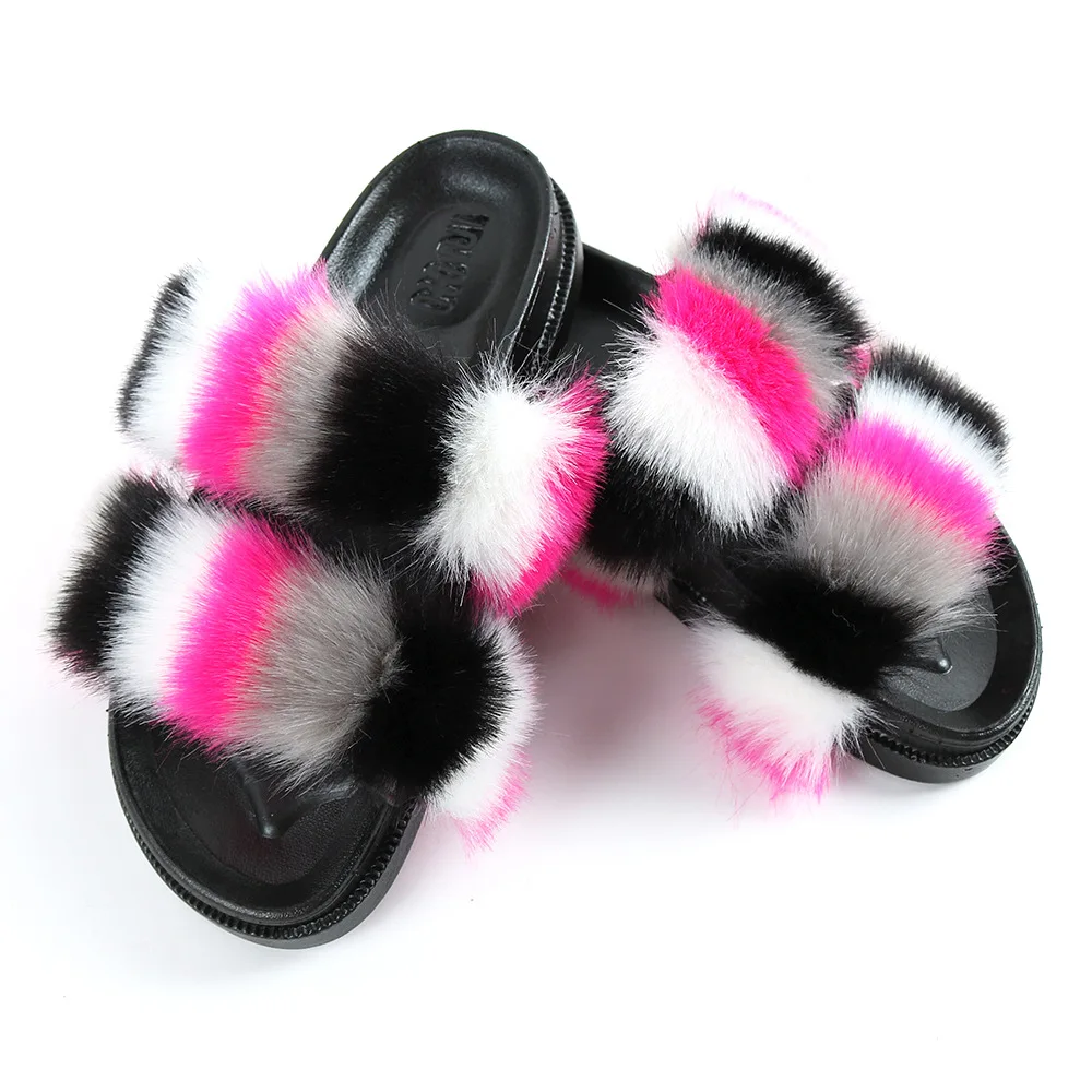 

Amazon Ins Wish Hot Sells Ladies Multi-color Indoor Bedroom Two Strap Fluffy Faux Fur Slippers