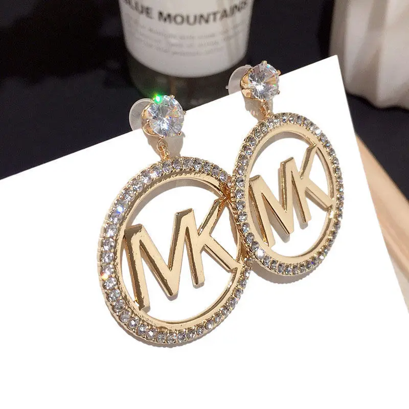 

S925 Silver Needle Personality Diamond Hollow Letter MK Metal Earrings For Woman