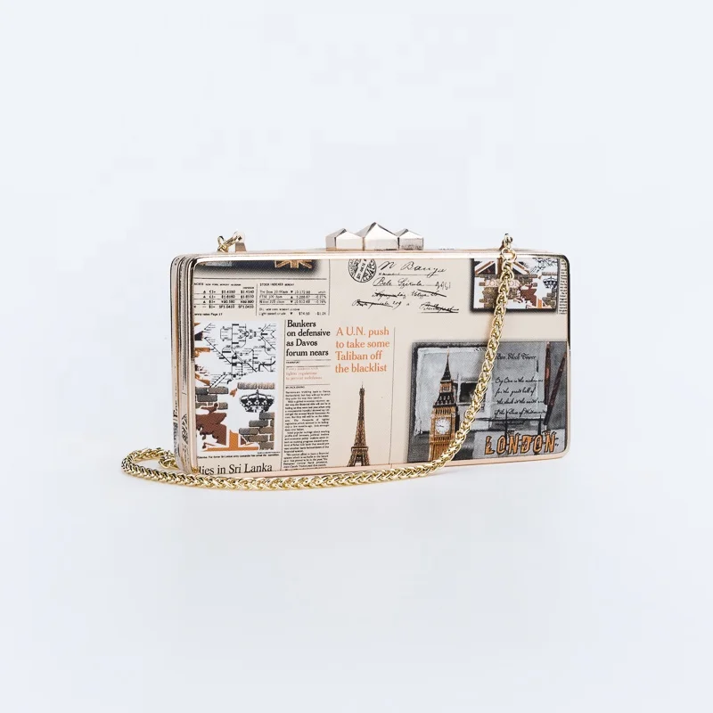 

2021 Newspaper Pattern Acrylic Chain Purse Hard Lady Party Bag Women Bags