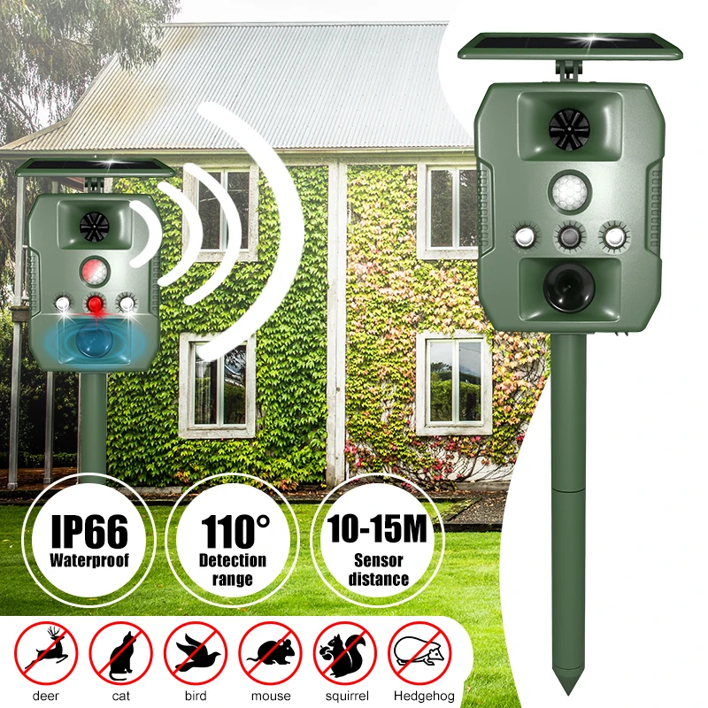 

CE ROHS Eco friendly Solar Power Outdoor Waterproof Animal Cats Dogs Mice Snake Repeller Ultrasonic Animal Repeller