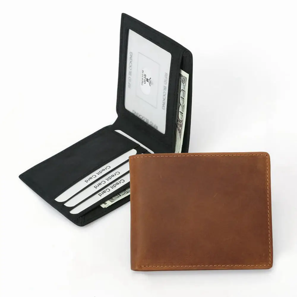 

Wholesale RFID blocking bifold minimalist crazy horse genuine leather credit card wallets for men, Black and brown