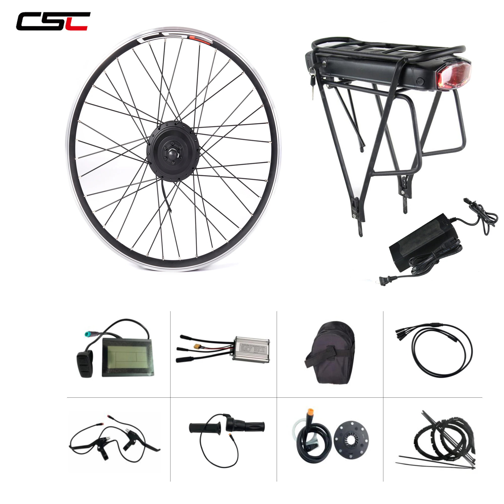

CSC E-bike kits 250w 350w 500w electric bike conversion kit 36V and optional rear rack battery