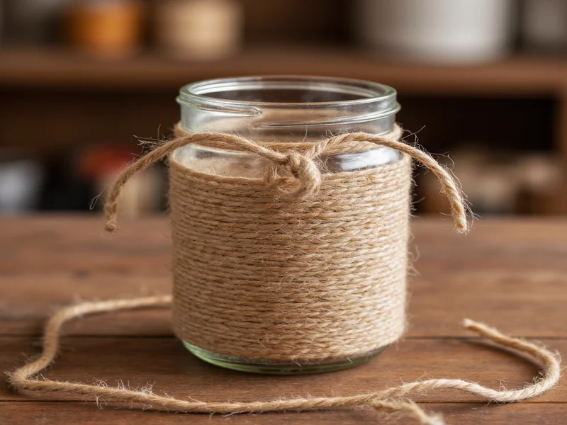 Close-up of twine wrapping technique on glass jar