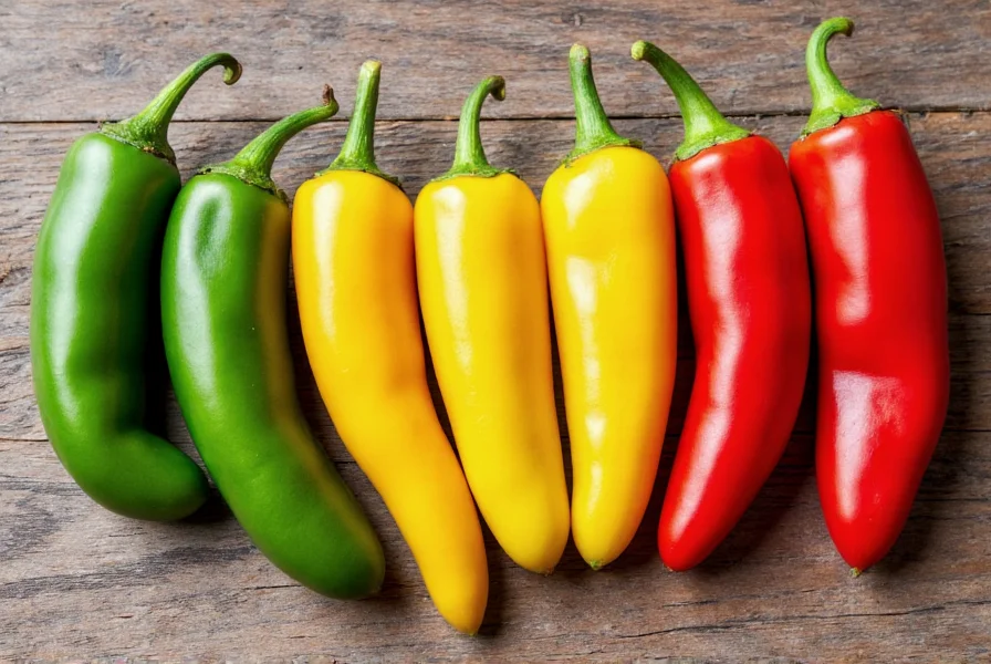 Colorful arrangement of jalapeño peppers at different ripening stages from green to red on a rustic wooden background