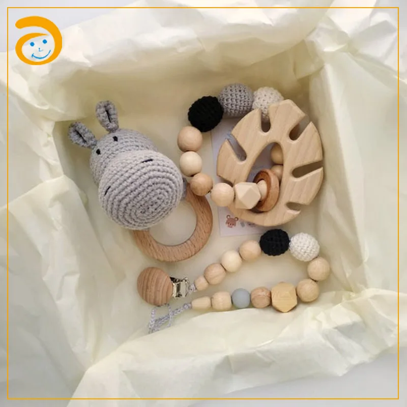 
Customized sensory organic baby crochet toy pacifier clip with wooden rattle gift set 