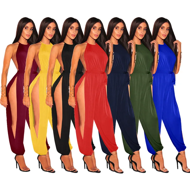 

2021 Halter Sexy Hollow Out Open Crotch Club Pants Trousers women One Piece Sexy Jumpsuits And Romper Club Wear, As picture