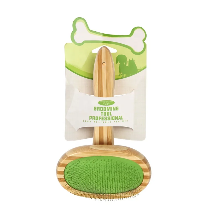 

Factory Wholesale Bamboo Wooden Long Pin Dog Brush Pet Cat Wire Grooming Slicker Brush With Sticky Beads, Burlywood+green