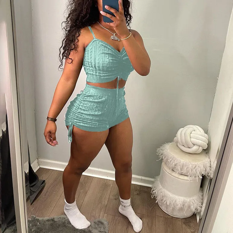 

FS3131D Solid Color Camisole Two Piece Sets Summer Drawstring tops Women Sports Suits Shorts Set