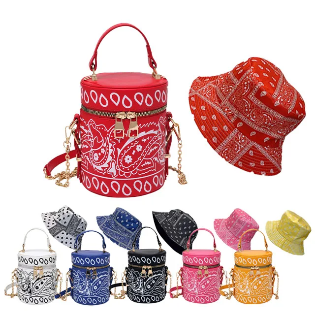 

Wholesale Designer Crossbody Women Bandana Hand bags Purse And Bucket Hat Set Purses And Handbags For Women, 7colors