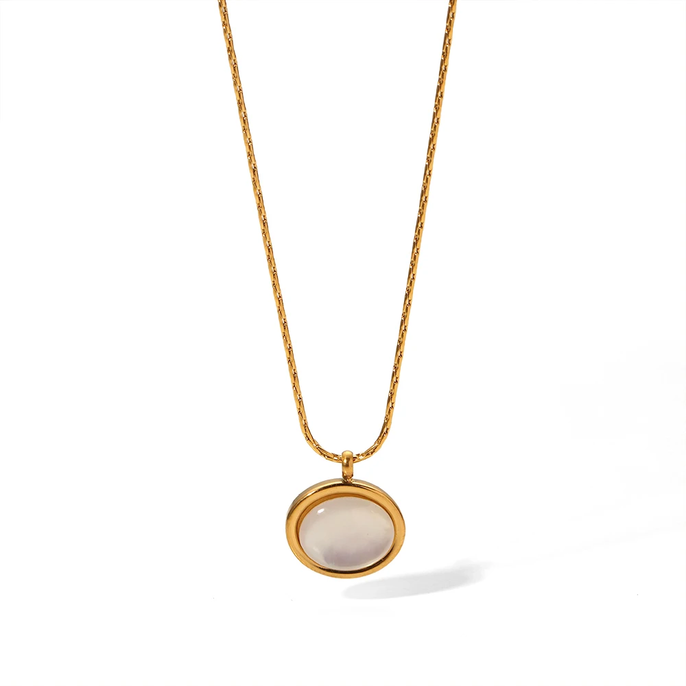 

316L Stainless Steel 18K Gold Plated Semi-Precious Stone White Cat Eyes Round Pendant Necklace For Women