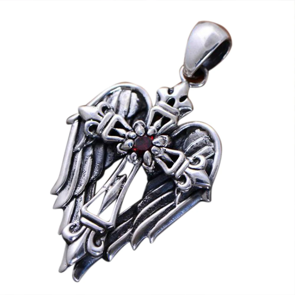 

Real 925 Sterling Silver Vintage Cross Pendant With Angel Wings Male Christian Jewelry Inlaid Natural Garnet Stone