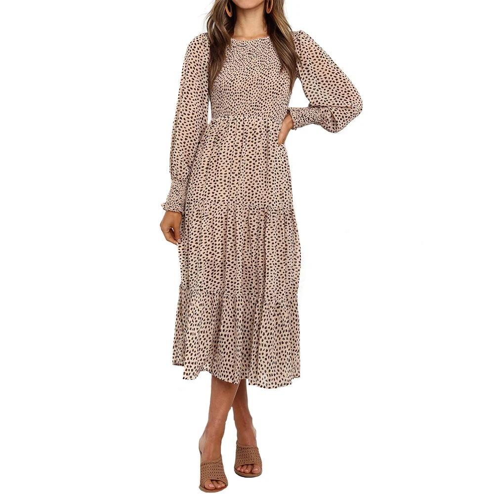 

Wholesale autumn fashion bohemia lady dress clothing leopard poly chiffon casual ruffle long sleeves dress women, Polkadot print