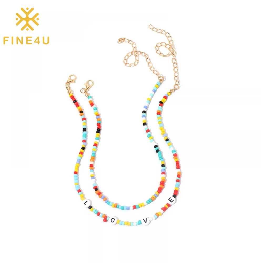

Bohemian ethnic style summer double layer colorful long seed african beads necklace, Gold/steel