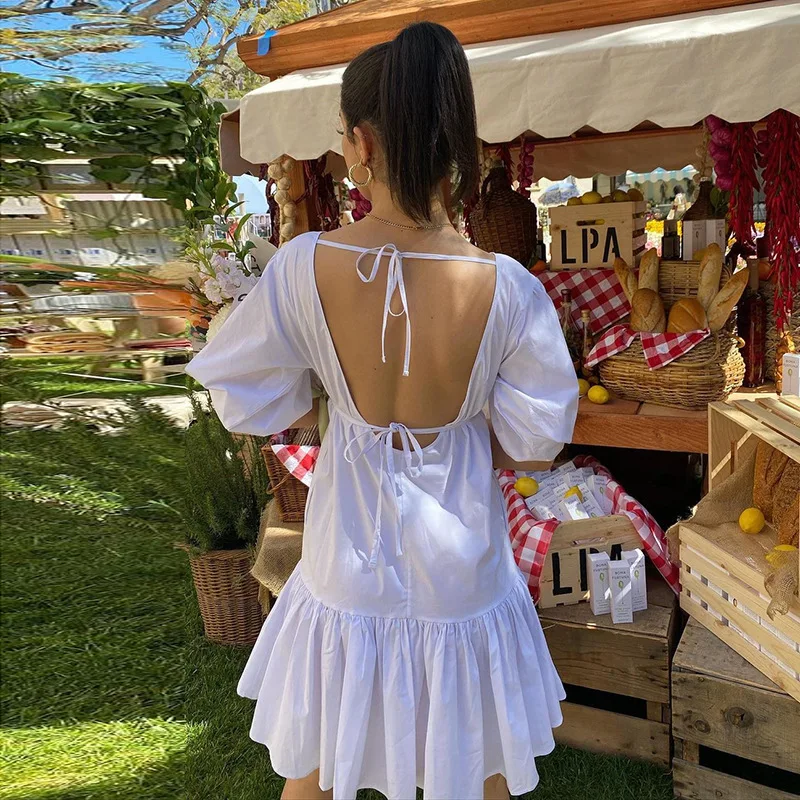 

2021 New arrives Summer Women's Puff Sleeve Round Neck Sexy Halter Fashion white dress womens