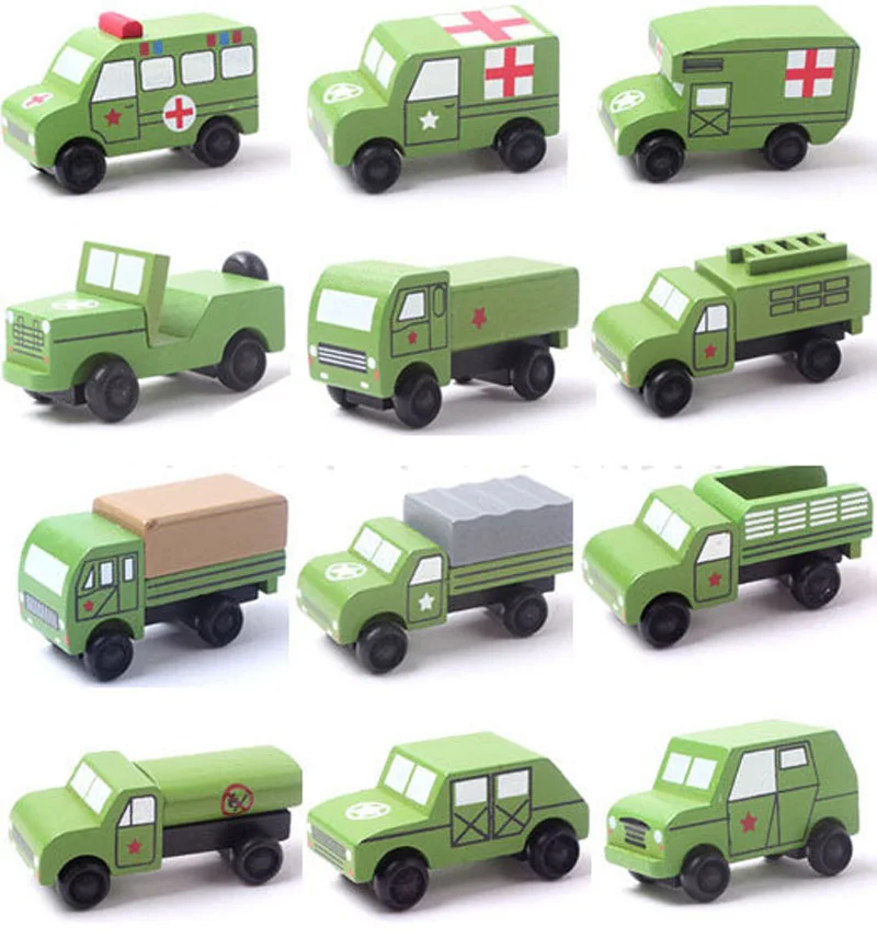 12pcs/set Mini wooden car/airplane/ military vehicle Soft Montessori wooden toys for children with gift box birthday