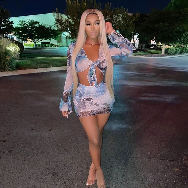 

New Trendy Two Piece Set Women Printed Ruffle Shirt And Mini Skirt Sets