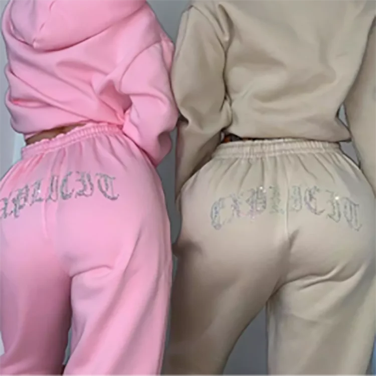 

Custom Logo Tracksuits Diamond Hoodies Jogger Sweatsuit Two Piece Set Women