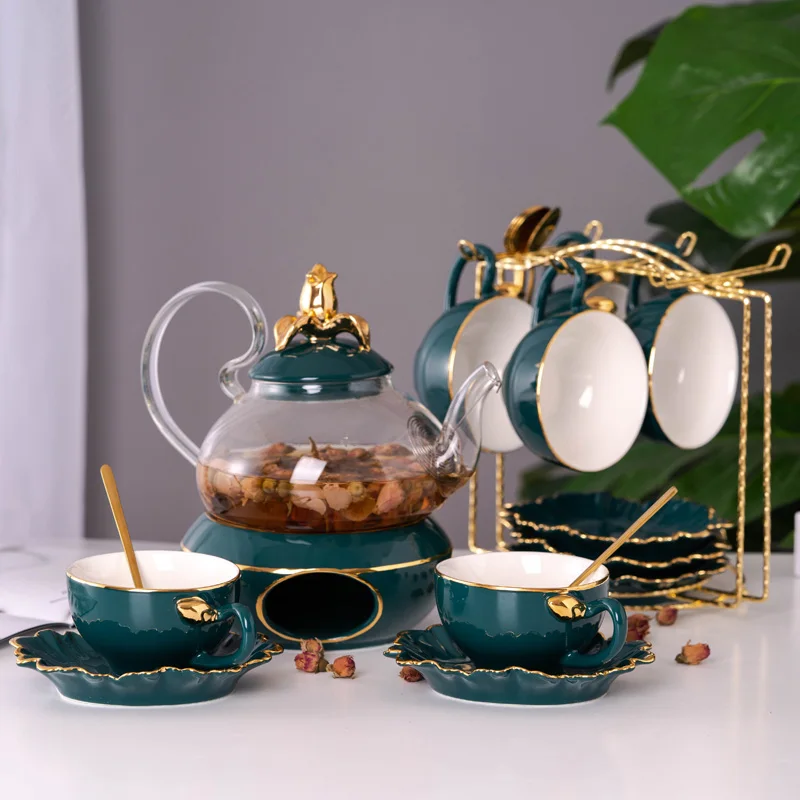 

Full Drinkware Afternoon Tea Time Glass Teapot Elegant Coffee Tea Cup Set Royal Modern Ceramic Tea Set With Metal Holder, Green