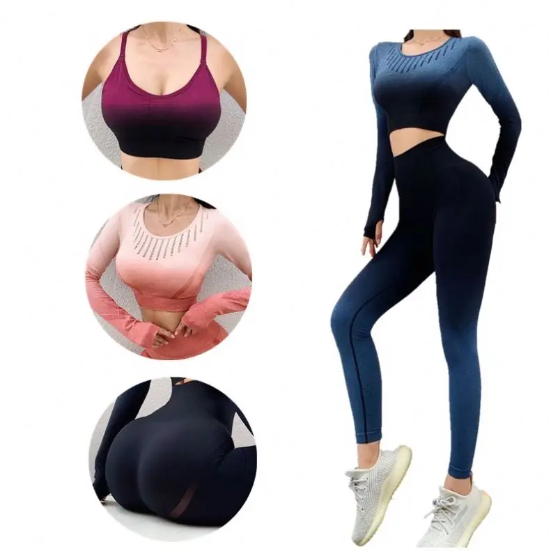 

2 piece girls 2021 New color tie dye ombre gradient long sleeve crop top bra or tshirts and pants yoga set