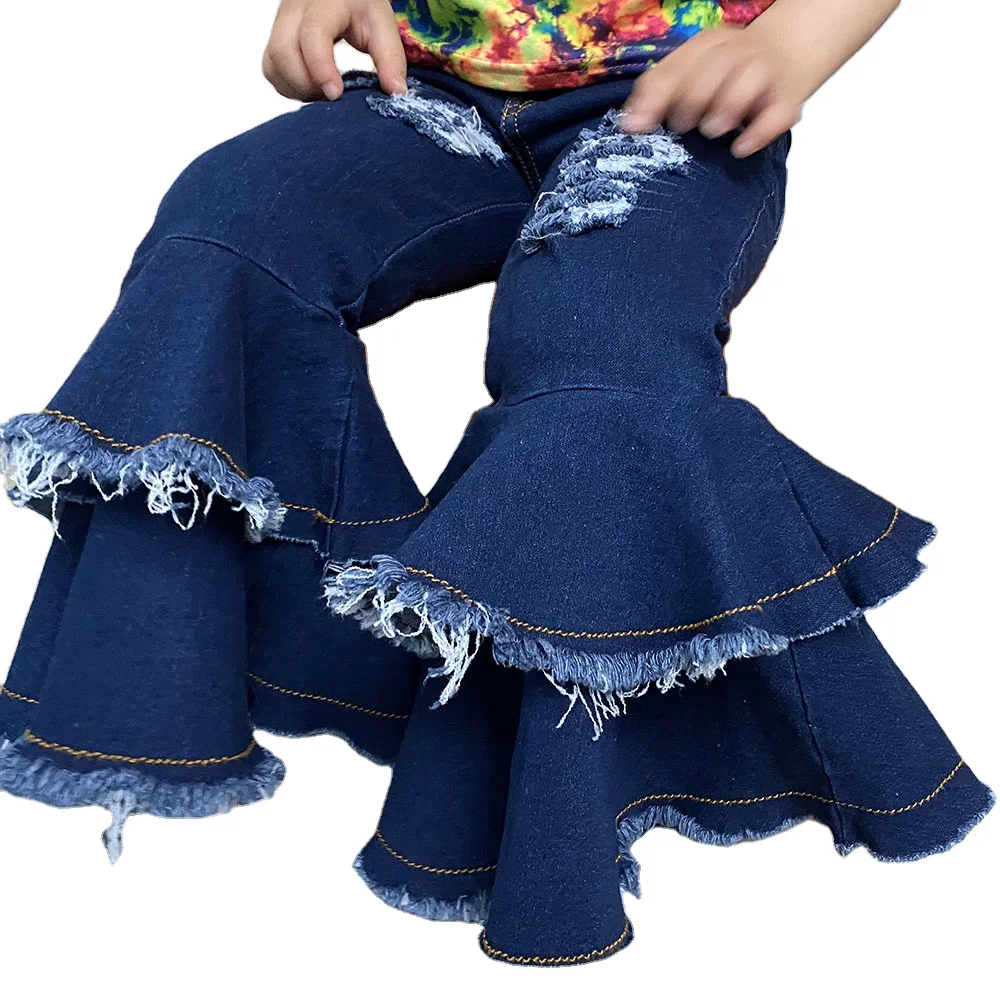 

New kids Dual Ruffler Distressed Jeans Bells hot sell Blue Distressed Baby and Kids Thin Jeans Bells customizable