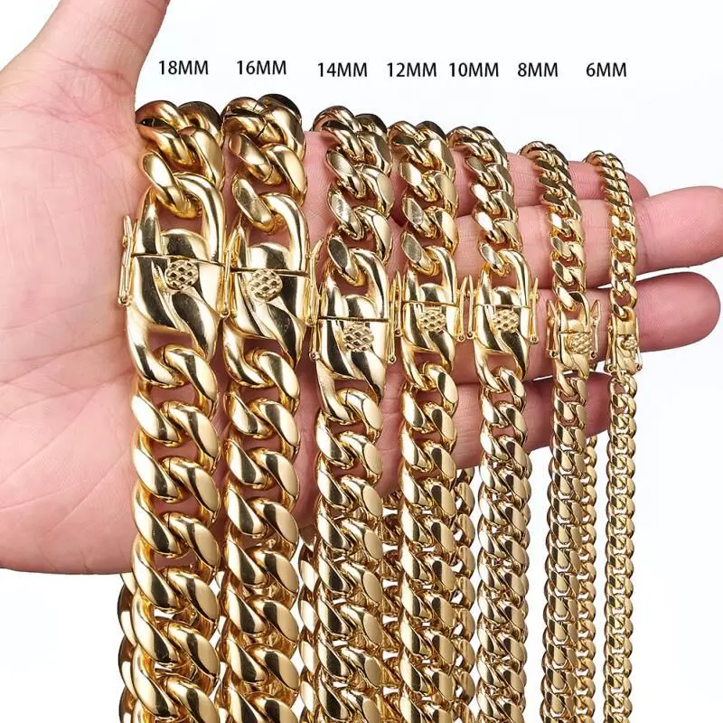 

6mm-18mm Titanium Stainless Steel Cuban Link Necklace For Men Hip Hop 14k 18k Gold Plated Miami Curb Cuban Link Chain