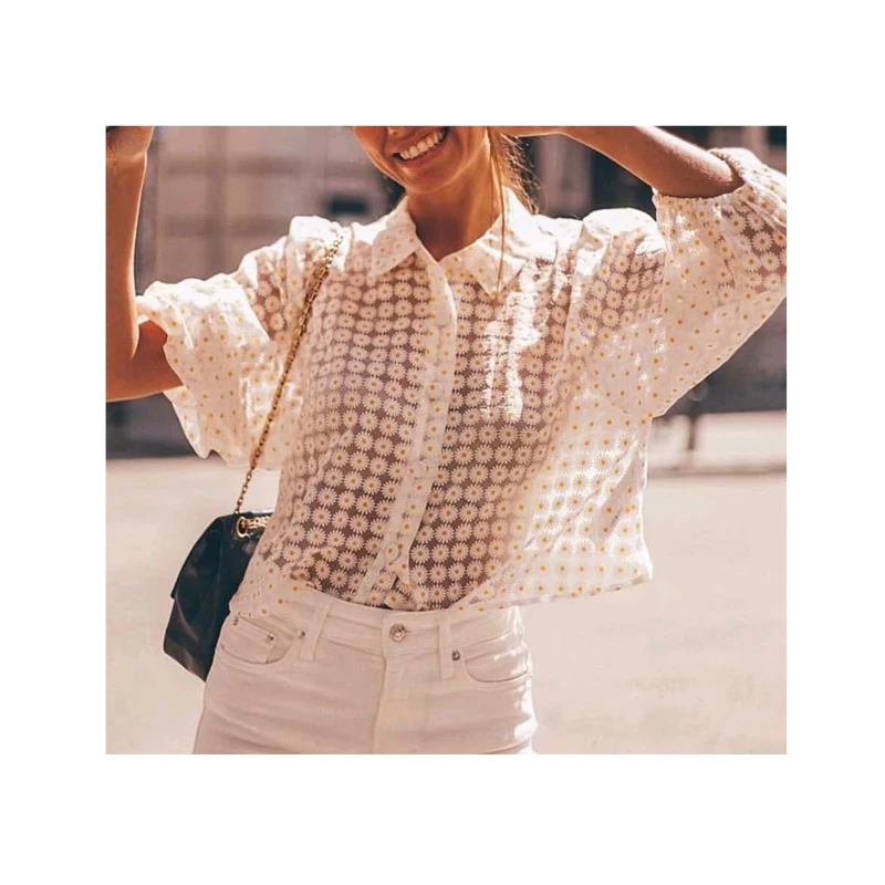 

Sheer jacquard organza daisy blouse floral summer resort long sleeve lady's tops, Yellow and beige