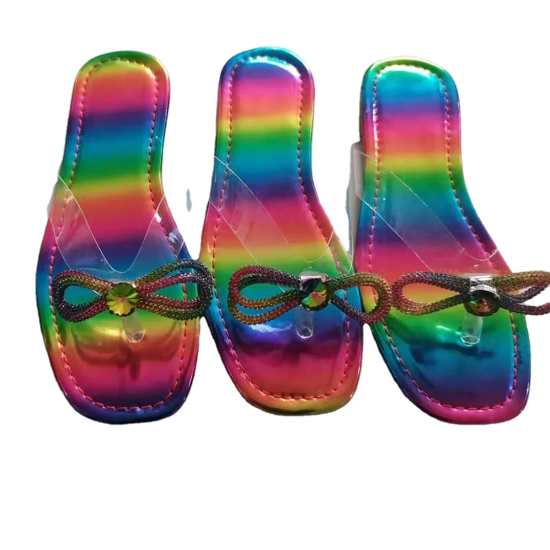 

2021 Slippers For Women Colorful Flip Flops Flat Bottom Slippers Female Foreign Trade Plus Size Colorful Diamond Sandals