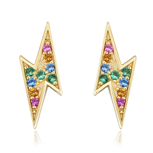 

Simple Luxury 925 Sterling Silver Pave Multicolor Colorful Rainbow Zircon CZ Lightning Stud Earring