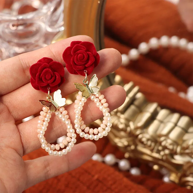 

Original Design Exquisite Flocking Rose Pearl Fashion Women Earrings Elegant Ornate Pearl Plush Rose Butterfly Drop Earrings, Red